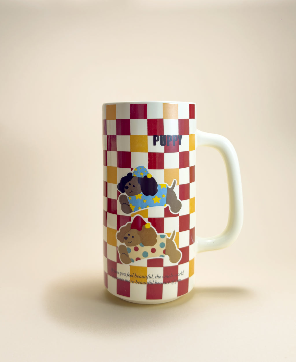 Checkered mug with cartoon dog characters on a beige background