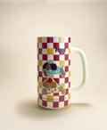 Checkered mug with cartoon dog characters on a beige background